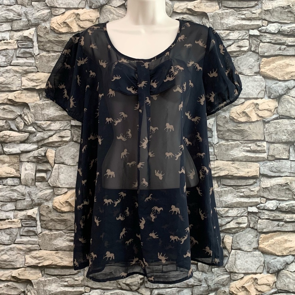 #3 Lavish Maternity Wild Horse Bow Sheer Short Sleeve Black Blouse Shirt Top XL